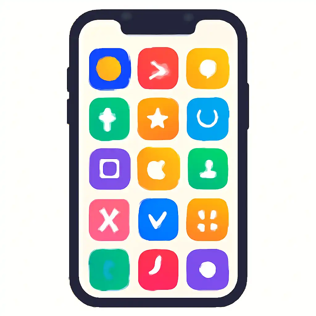 Smartphone shown from the front displaying a colourful flat layout of abstract game icons and rounded tiles (no text, no letters, no labels), 55 Game