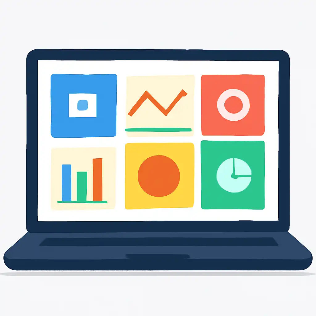 Laptop shown from the front displaying a colourful flat dashboard of abstract charts, bars and icon tiles (no text, no letters, no labels), 55 Game
